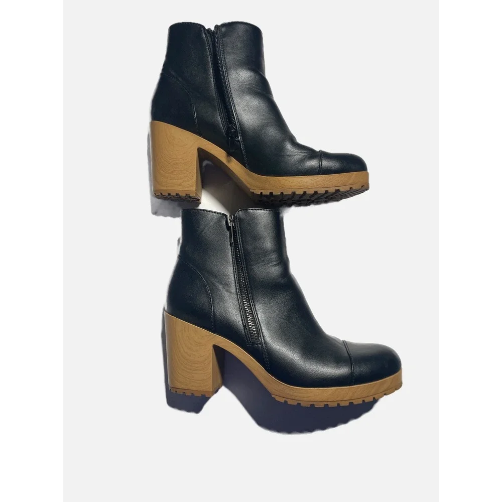 Sun + Stone Platform Ankle Boots Womens 8.5 Black Faux Wood Block Heel Lug Sole